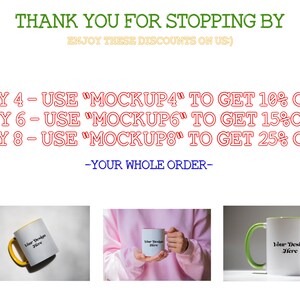 K&ouml;nnte beinhalten: Wei&szlig;e Tassen mit farbigen Griffen und R&auml;ndern werden pr&auml;sentiert, um Designoptionen zu zeigen. Der Text "Your Design Here" ist auf den Tassen sichtbar. Der Text enth&auml;lt "THANK YOU FOR STOPPING BY" und Rabattangebote.