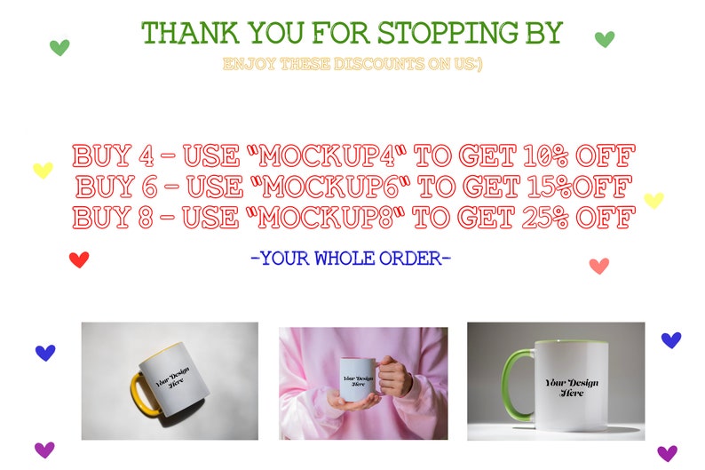 K&ouml;nnte beinhalten: Wei&szlig;e Tassen mit farbigen Griffen und R&auml;ndern werden pr&auml;sentiert, um Designoptionen zu zeigen. Der Text "Your Design Here" ist auf den Tassen sichtbar. Der Text enth&auml;lt "THANK YOU FOR STOPPING BY" und Rabattangebote.