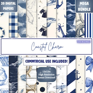 Coastal Watercolor Digital Paper Bundle | Maritime Seamless Patterns | Nautical Scrapbook Paper | Commercial Use | POD Backgrounds