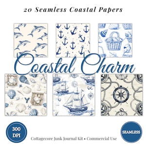 May include: A set of 20 seamless coastal-themed papers. Designs include dolphins, anchors, seashells, sailboats, and compasses in blue and white. The words "Coastal Charm" are written in a decorative font.