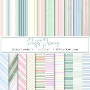 20 Pastel Dreams Digital Paper | 12x12in Bundle | Commercial Use | 300dpi | Scrapbook Paper Collage | Pastel Paper | Stripe Digital Paper