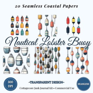 Könnte beinhalten: Digitale Illustration mit einer Sammlung von nautischen Hummerbojen in verschiedenen Formen, Größen und Farben. Die Bojen sind in Gruppen angeordnet, mit verschiedenen Designs. Der Text lautet "20 Seamless Coastal Papers" und "Nautical Lobster Buoy".