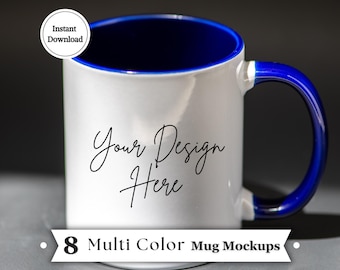 Mehrfarbiger Griff Becher Mockup Bundle | 8 Studio Style 11 Unzen weiße Becher JPGs - Pink, Blau, Schwarze Akzente für POD