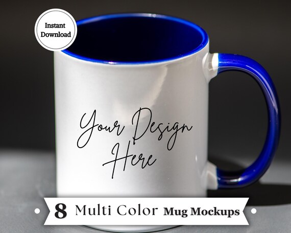 Multi Color Handle Mug Mockup Bundle | 8 Studio Style 11oz White Mug JPGs - Pink, Blue, Black Accents for POD