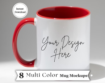 Mehrfarbiger Akzent 11 Unzen Becher Mockups Bundle - 8 Studio JPGs | Weiße Keramiktassen mit rosa, blauen und schwarzen Griffen für POD