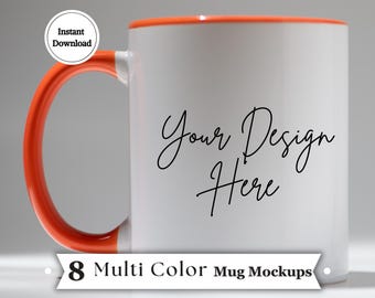 Mehrfarbiger Akzent 11 Unzen Becher Mockups Bundle - 8 Studio JPGs | Weiße Keramik Tassen mit farbigen Griffen für POD