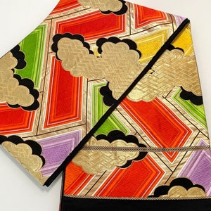 Vintage Kimono Belt Gold Clouds & Colorful lozenge