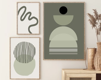 Boho Gallery Wall Prints, Mid Century Modern Wall Art Sage Green Neutral Abstract Geometric Floral Prints Minimalist Decor Gallery Art