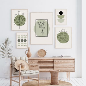 Boho Gallery Wall Prints, Mid Century Modern Wall Art Sage Green Neutral Abstract Geometric Floral Prints Minimalist Wall Decor Gallery Art image 1