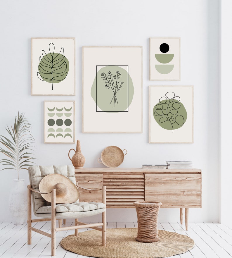 Boho Gallery Wall Prints, Mid Century Modern Wall Art Sage Green Neutral Abstract Geometric Floral Prints Minimalist Wall Decor Gallery Art image 1