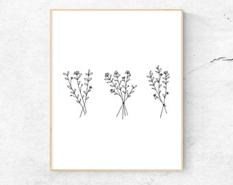 Botanicals Print, Mid Century Modern Minimalism Minimalist Drawing Black and White Wall Art Minimal Decor Floral Printable