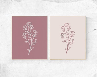 Mid Century Modern Prints Set Of 2, Minimalist Wall Art Botanical Prints Dusty Rose Pink MCM Minimalist Art Gallery Wall Boho Decor