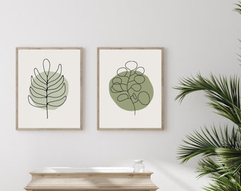 Boho Gallery Wall Set of 2, Mid Century Modern Wall Art Sage Green Neutral Abstract Geometric Floral Prints Minimalist Decor Gallery Art