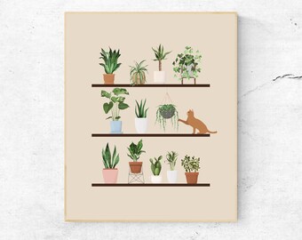 Plant and Cat Canvas Printable, Cat and Plant Art Minimal Drawing Art Mid Century Modern Boho Wall Art Succulent Print House Plant Lady Art