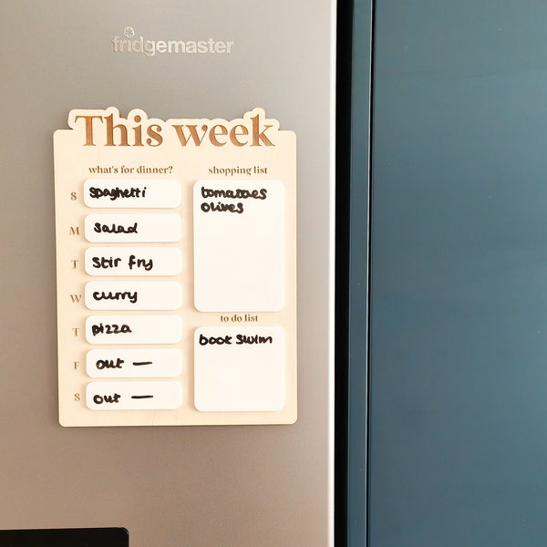 Weekly meal planner | Reusable wipe clean menu board | acrylic and birch plywood dry erase whiteboard dinner plan