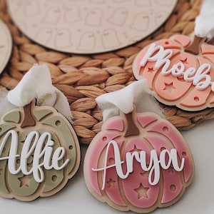 May include: Three wooden pumpkin ornaments with the names Alfie, Arya, and Phoebe written in white. The pumpkins are decorated with white stars and have a brown stem.