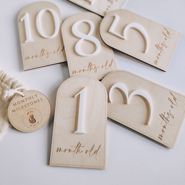 Baby milestone discs | wooden milestone cards | arch monthly milestones | laser cut and engraved | flat lay photo prop