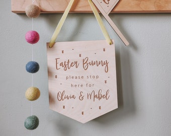 Easter Bunny stop here sign | Personalised Easter hanging flag | hanging pennant banner | laser engraved
