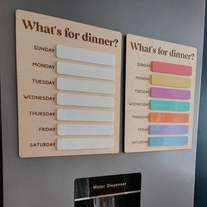 May include: Two wooden signs with the text "What's for dinner?" and blank spaces for each day of the week. The signs are hung on a stainless steel refrigerator with a water dispenser.
