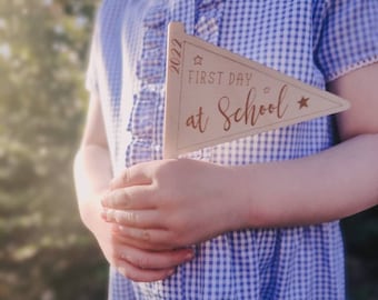 First day of school flag | nursery, preschool, school photo prop | wooden pennant flag