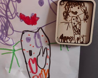 Children's drawing engraved fridge magnet | personalised engraved drawing on birch plywood | children's picture | thank you teacher gift