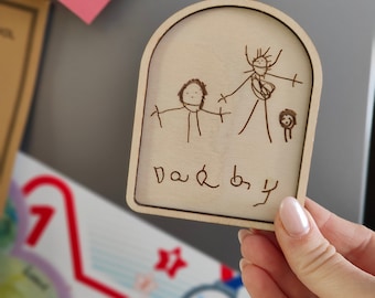 Children's drawing engraved magnet | personalised engraved drawing on birch plywood | children's picture