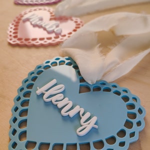 Personalised acrylic heart tag | Valentine's basket tag | Doily lace heart image 2