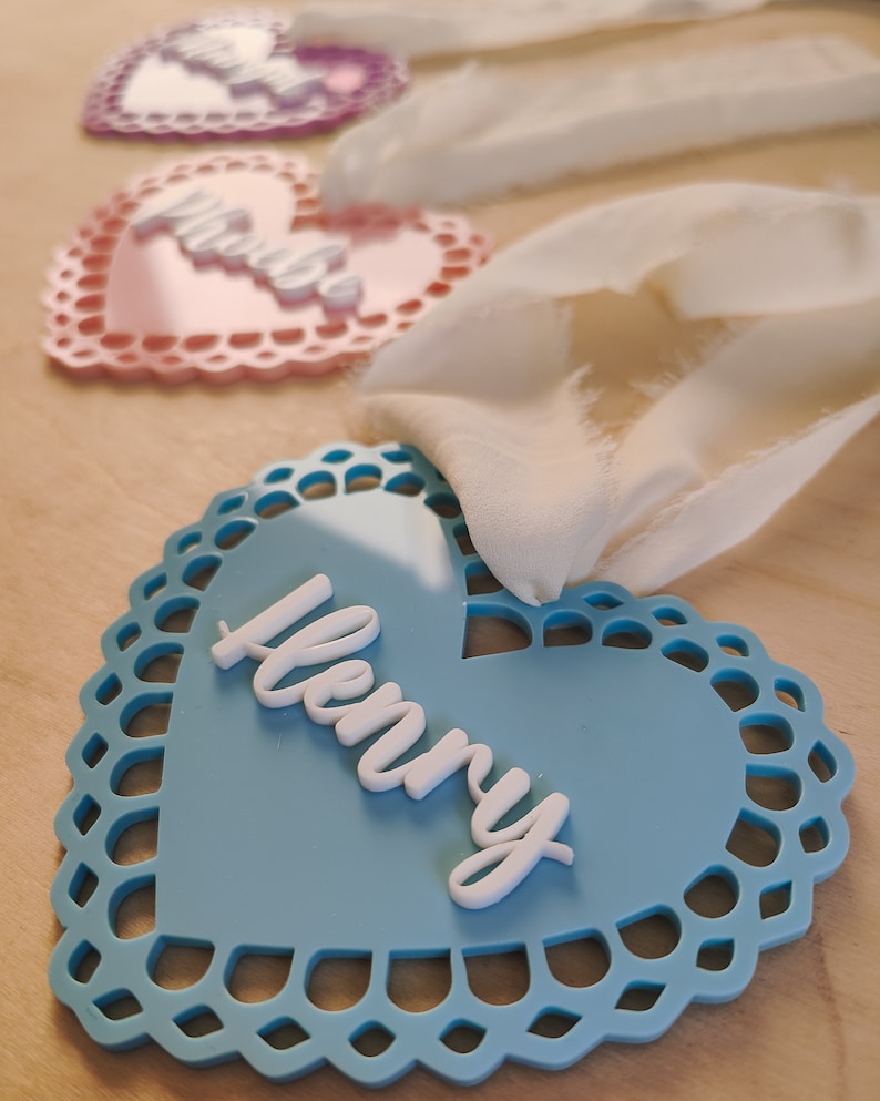 Personalised acrylic heart tag | Valentine's basket tag | Doily lace heart image 2