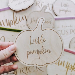 May include: Wooden pumpkin-shaped ornament with the text "Little pumpkin" engraved on it. The ornament is light brown and has a natural wood grain.