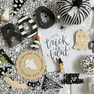 May include: A collection of Halloween decorations including a black and white striped pumpkin, a wooden ghost, a wooden spider, a wooden sign that says "trick or treat", and a wooden sign that says "spooky stay spooky".