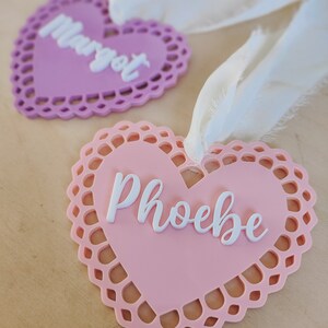 Personalised acrylic heart tag | Valentine's basket tag | Doily lace heart image 1