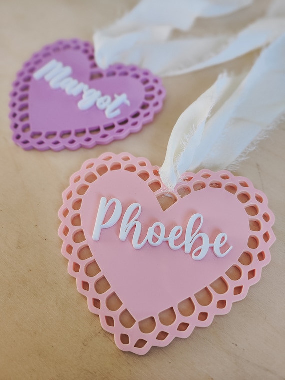 Personalised acrylic heart tag | Valentine's basket tag | Doily lace heart