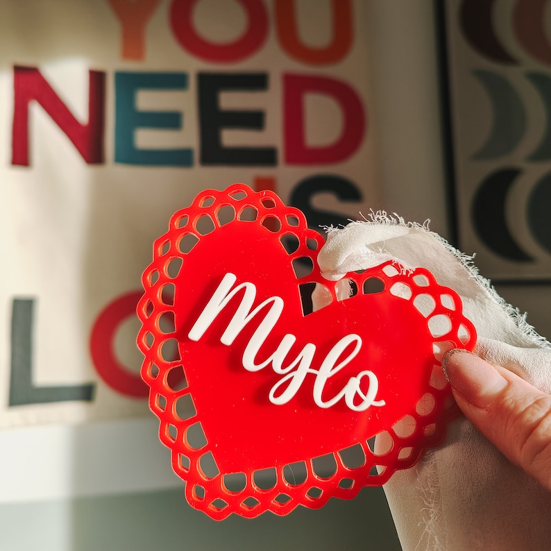 Personalised acrylic heart tag | Valentine's basket tag | Doily lace heart image 3