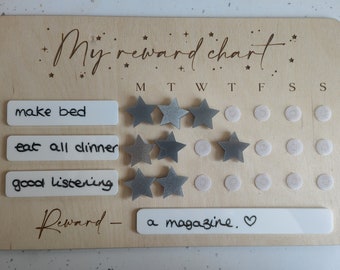 May include: A wooden reward chart with the text "My reward chart" at the top. The chart has a column for each day of the week and rows for three tasks: "make bed", "eat all dinner", and "good listening".  Each task has a row of stars and circles for tracking progress. The reward for completing all tasks is "a magazine. ♡".
