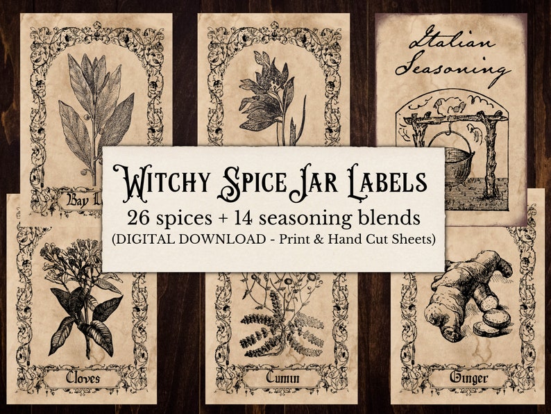 May include: Printable witchy spice jar labels with vintage illustrations of spices and herbs, including bay leaf, cloves, cumin, ginger, and Italian seasoning. The labels are designed for printing and cutting out.