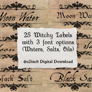 May include: A digital download of 25 printable witchy labels in three different fonts. The labels are designed for jars of moon water, salts, and oils. The labels are 4 inches by 2 inches and feature a vintage, parchment-like background with black ornate flourishes.