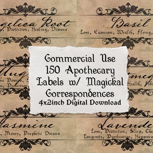 150 Herbal Witchy Apothecary Labels with Magical Properties | Digital Download | COMMERCIAL USE | Witchy Business | Antique Labels 4x2 inch