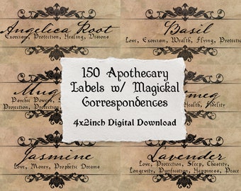 150 Herbal Witchy Apothecary Labels with Magical Properties| Digital Download | Personal Use | Garden Tags | Antique Labels 4x2 inches