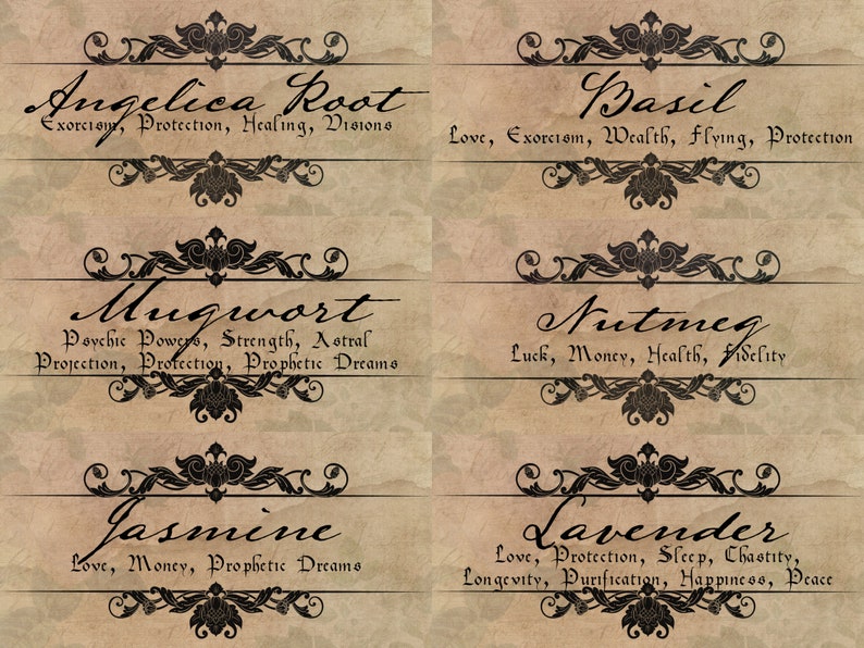 Puede incluir: Seis etiquetas de estilo vintage con bordes negros ornamentados y texto escrito a mano. Cada etiqueta presenta el nombre de una hierba o especia, como ra&iacute;z de ang&eacute;lica, albahaca, artemisa, nuez moscada, jazm&iacute;n y lavanda, junto con una lista de propiedades asociadas, como protecci&oacute;n, curaci&oacute;n, amor y dinero.