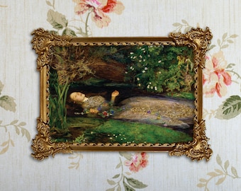 May include: A framed painting depicting a woman floating in a stream, surrounded by greenery and flowers. The ornate gold frame adds a classic touch to the artwork. The background features a floral wallpaper.