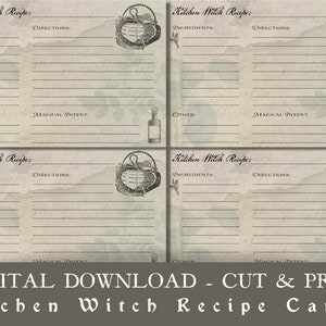 Cartões de receitas de bruxa de cozinha DOWNLOAD DIGITAL Imprimir e recortar