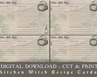 May include: Printable kitchen witch recipe cards with a vintage aesthetic. Each card has sections for ingredients, directions, other, and magical intent. The cards feature illustrations of a cauldron and a bottle.