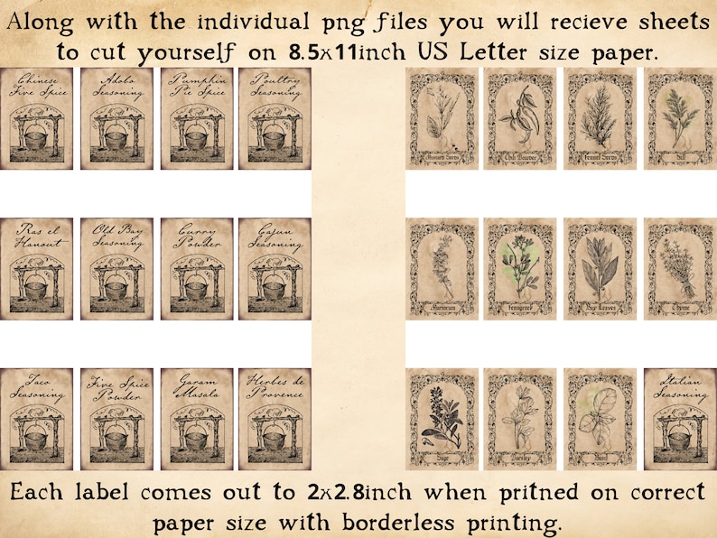 May include: Printable 2x2.8 inch spice jar labels with vintage illustrations and text. The labels feature a variety of spices, including Chinese Five Spice, Adobo Seasoning, Pumpkin Pie Spice, Poultry Seasoning, Ras el Hanout, Old Bay Seasoning, Curry Powder, Cajun Seasoning, Taco Seasoning, Fine Spice Powder, Garam Masala, Herbes de Provence, and Station Seasoning. The labels are designed to be printed on 8.5x11 inch US Letter size paper.