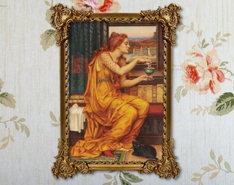 May include: A framed painting of a woman in a yellow gown holding a goblet. She is looking out a window at a distant landscape. A black cat sits on the floor below her.