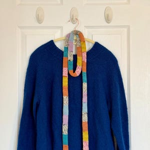 Hand Knit Color Block Skinny Scarf – Wool Blend Rainbow Stripe Neck Accessory