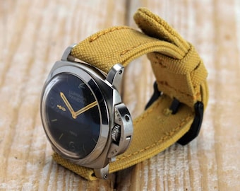 Handmade Rolled Canvas Watch Strap, Yellow Vintage Style (22mm, 24mm, 26mm)