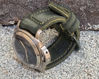Handmade Panerai Style Watch Band: Vintage Green Leather Strap