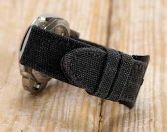 Handmade Black Rolled Canvas Watch Strap: 22mm-26mm, Vintage Style