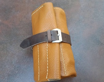 Handmade Tan Leather Watch Strap Travel Case: 6-Pocket Roll