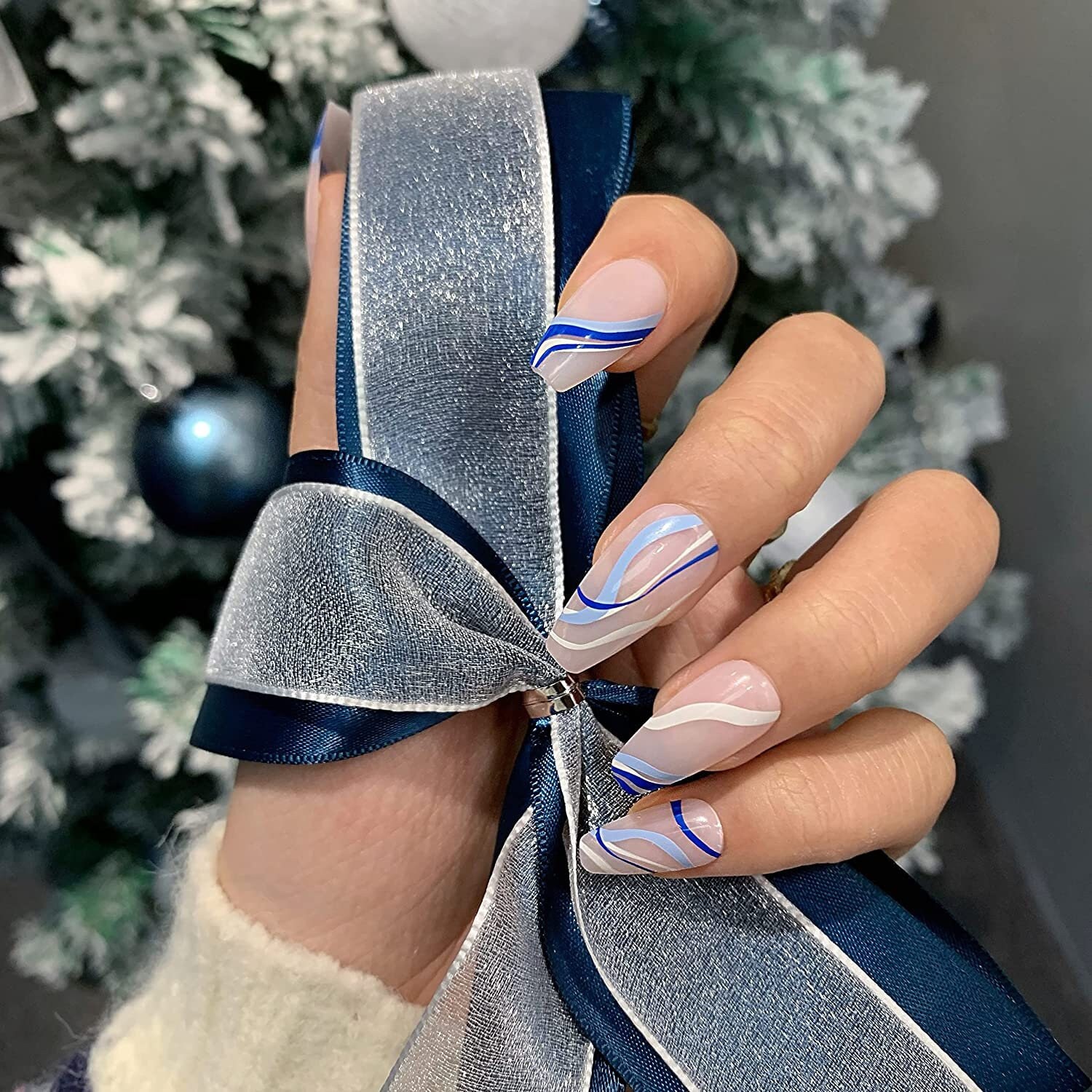 28pcs Blue Swirl Coffin Press on False Nails With Design - Etsy
